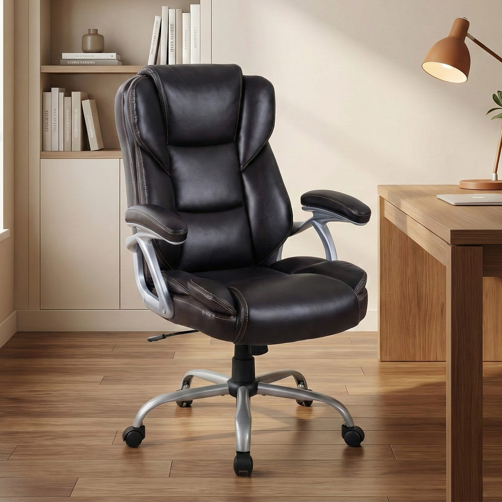 Executive Office Chair Leather Ergonomic Computer Desk Chair with Padded Seat and Armrests-Brown - Gallery View 1 of 10