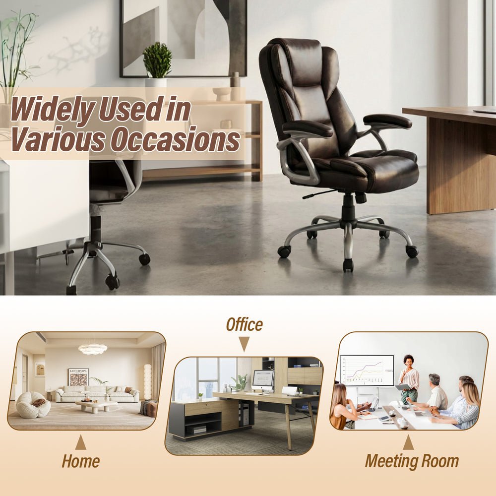 Brown ergonomic executive office chair with padded seat and armrests, ideal for home and office use.