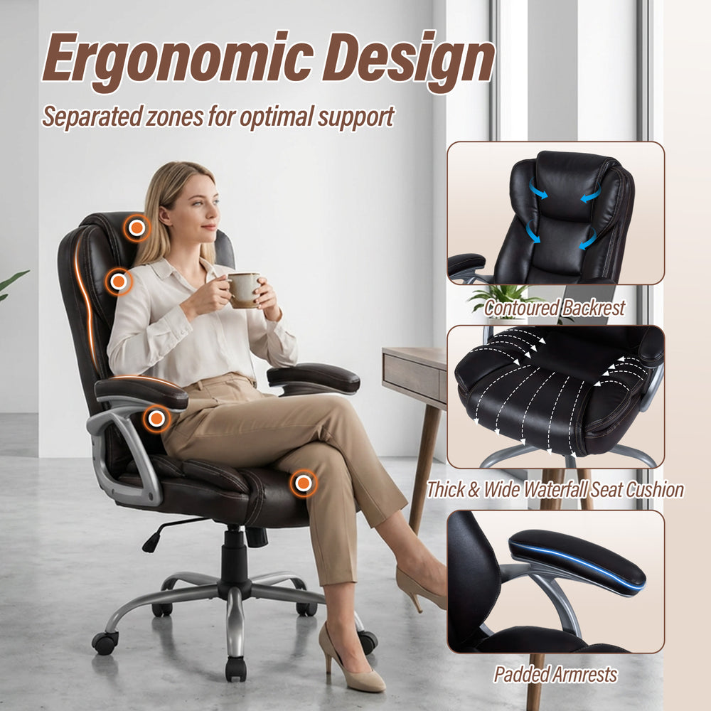 Ergonomic brown executive office chair with padded seat, contoured backrest, and adjustable height for optimal support.