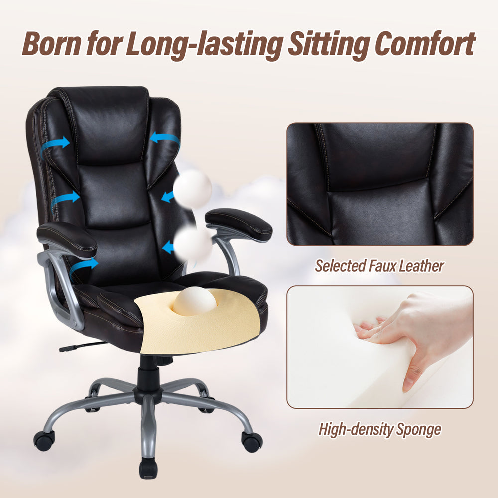 Executive office chair in brown faux leather with padded seat and armrests, designed for ergonomic comfort and support.