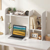 Expandable desk bookshelf in white features open cubes and a top shelf for organized storage and display.