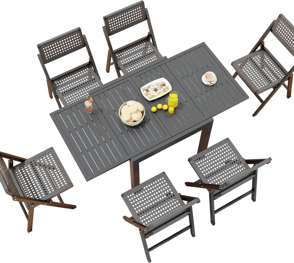Expandable grey patio dining table for 4-6 with slatted top and aluminum construction, ideal for outdoor gatherings.