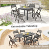 Expandable patio dining table in grey, seats 4-6, crafted from lightweight aluminum for indoor and outdoor use.