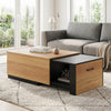 Extendable coffee table with concealed storage compartment in natural wood finish, perfect for organizing living room essentials.