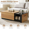 Extendable coffee table in natural finish features concealed storage compartment for books, remote, and decorations.