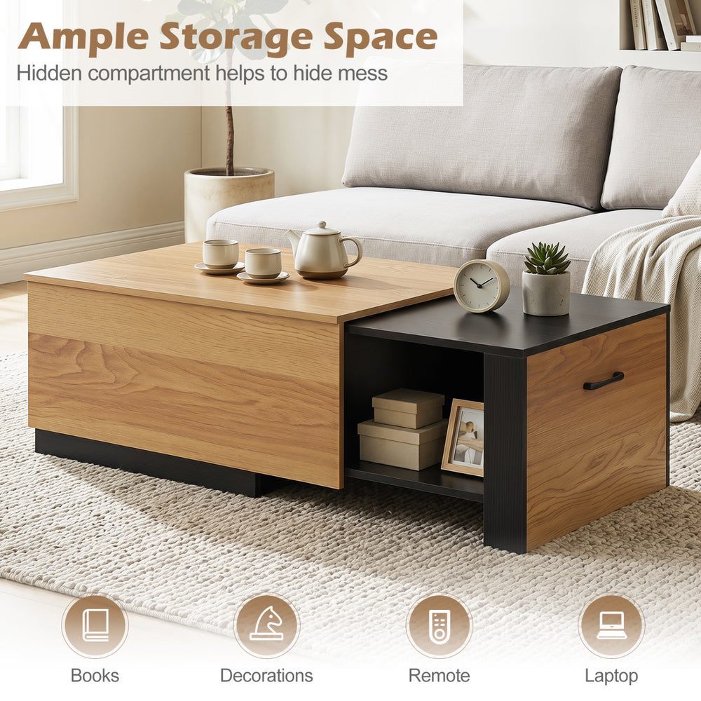 Extendable coffee table in natural finish features concealed storage compartment for books, remote, and decorations.