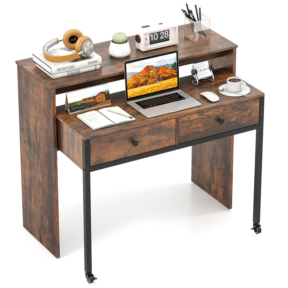 Extendable computer desk in rustic brown with two storage drawers and a monitor shelf, ideal for home office use.