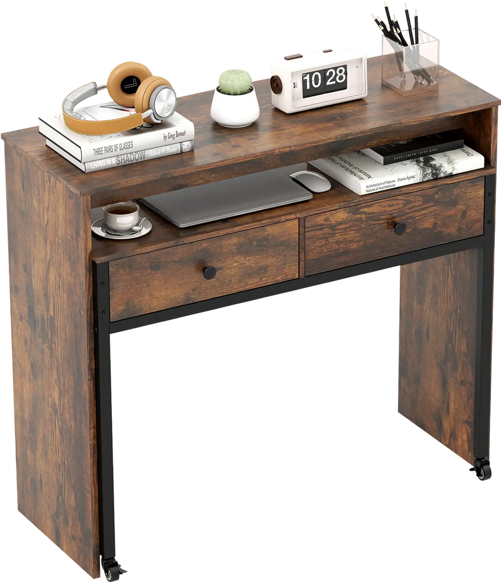 Rustic brown extendable computer desk featuring a spacious tabletop and two large storage drawers for efficient.