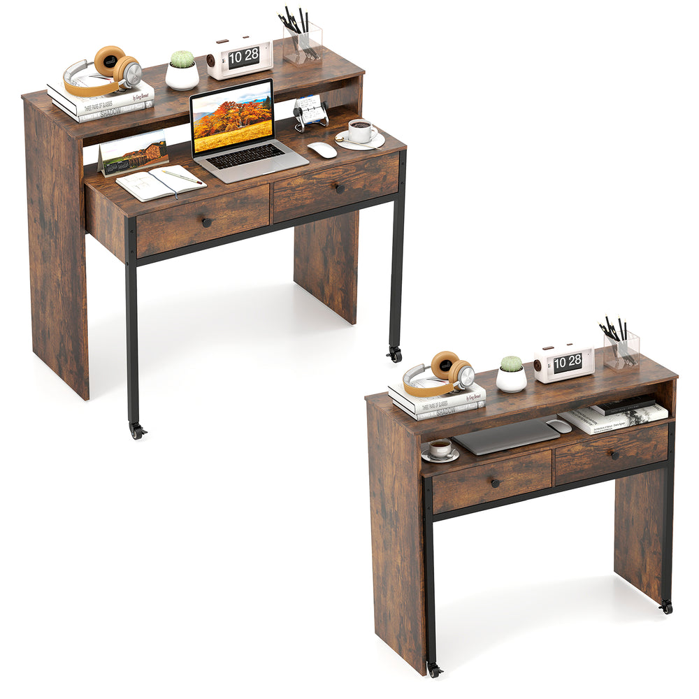 Extendable computer desk in rustic brown with 2 storage drawers, monitor shelf, and lockable wheels for versatile home.