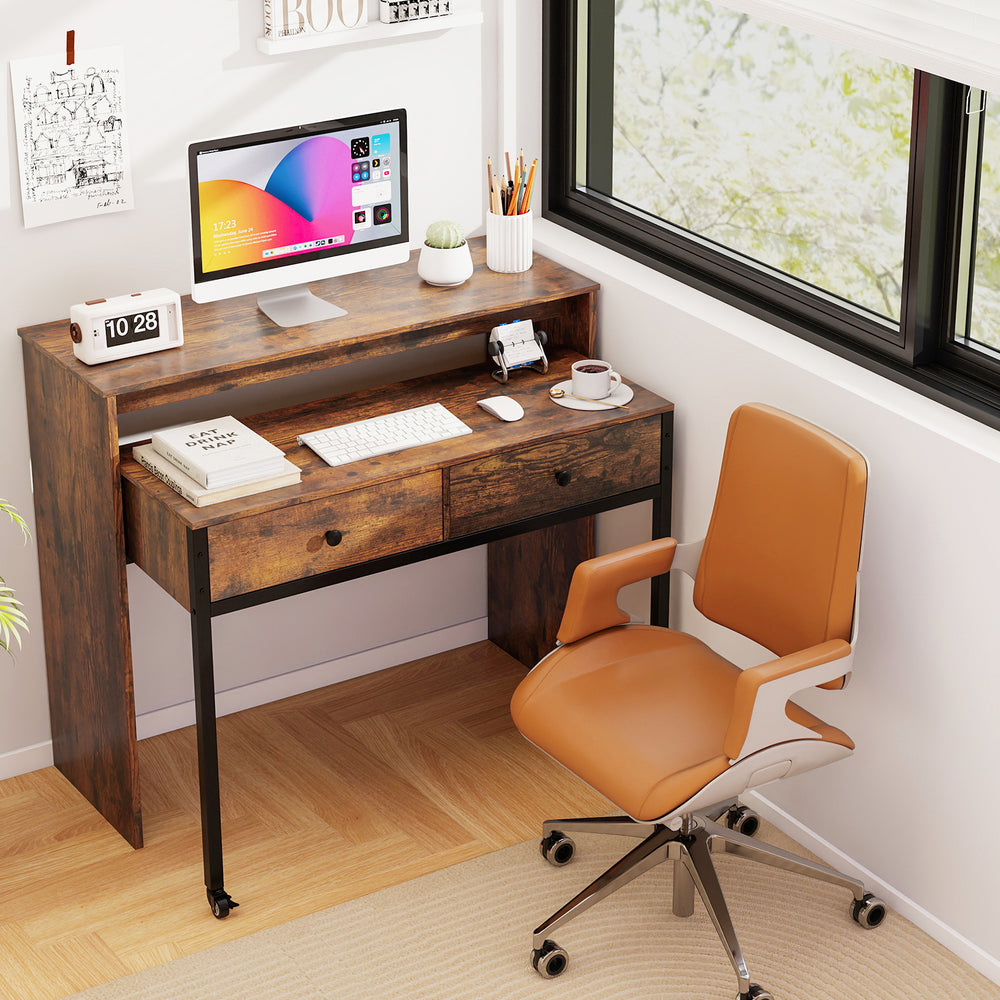 Extendable Computer Desk with 2 Storage Drawers Convertible Home Office Rolling Study Writing Desk-Rustic Brown - Gallery View 1 of 11