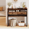 Rustic brown extendable computer desk with 2 storage drawers, perfect for home office or entryway use.