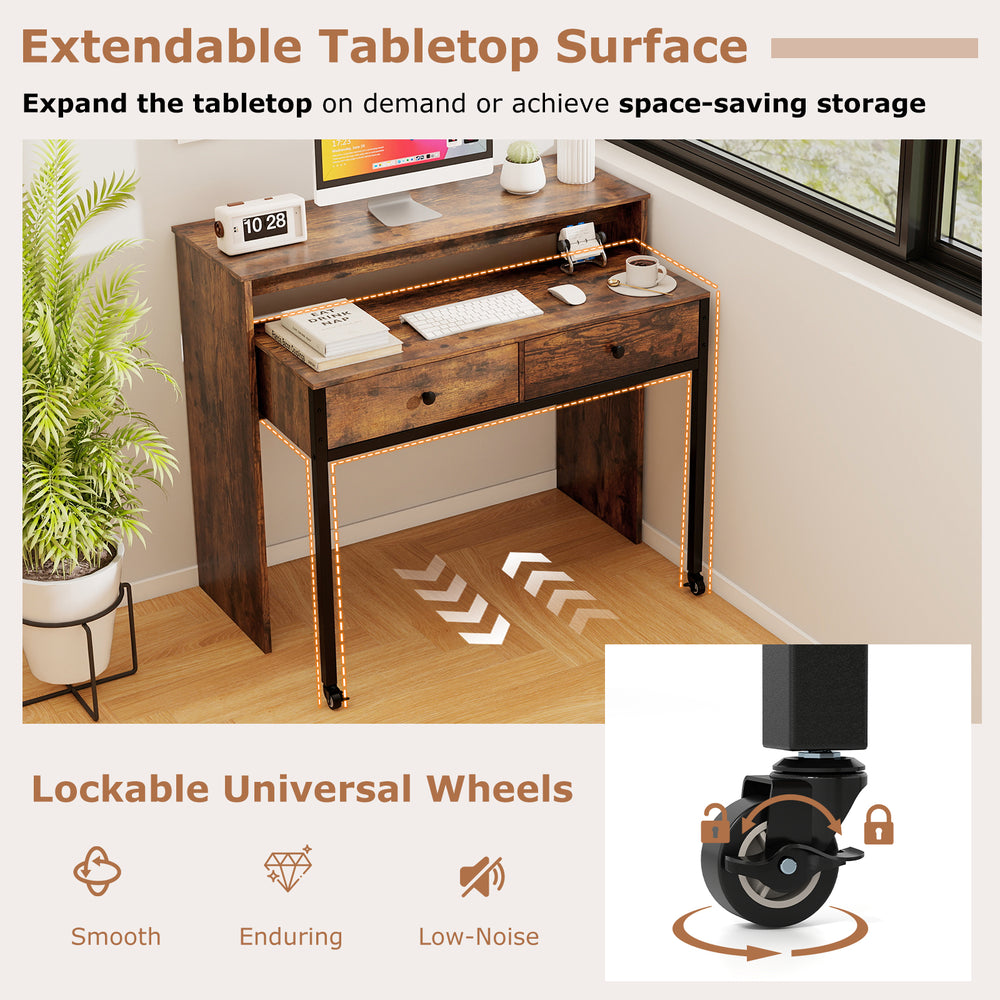 Extendable computer desk in rustic brown with lockable wheels, two storage drawers, and a spacious tabletop for.
