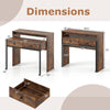 Dimensions of the extendable computer desk in rustic brown with two storage drawers and rolling wheels for versatile.