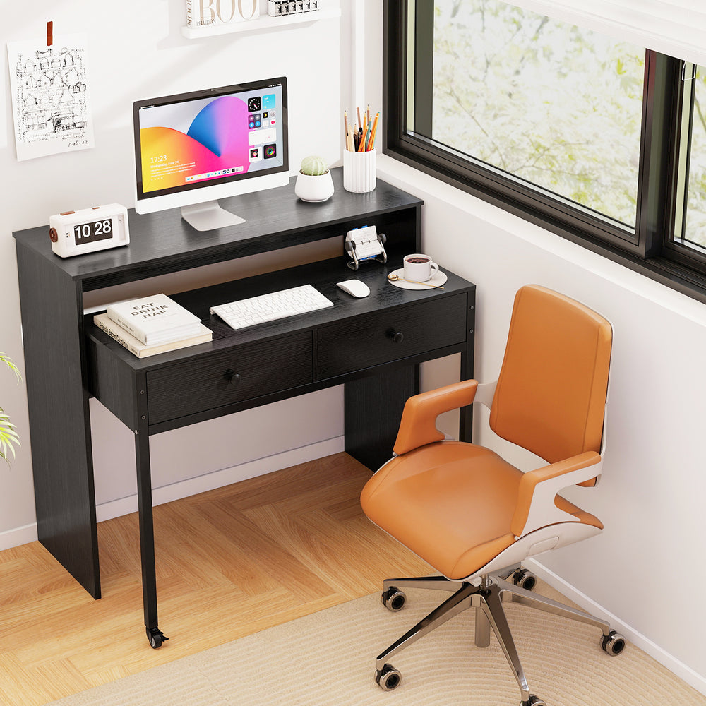 Extendable Computer Desk with 2 Storage Drawers Convertible Home Office Rolling Study Writing Desk-Black - Gallery View 1 of 11