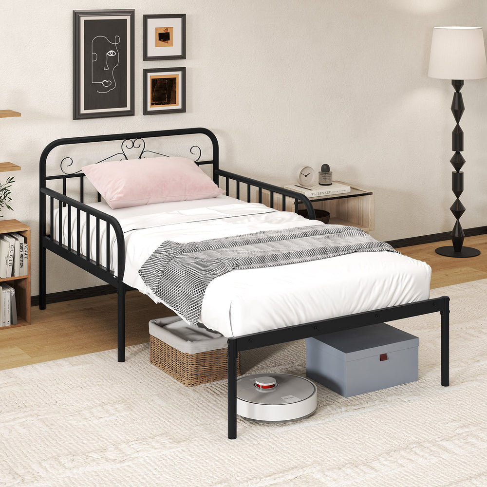 Extendable Metal Daybed to Twin Size Bed with Guardrails and Armrests-Black - Gallery View 1 of 11
