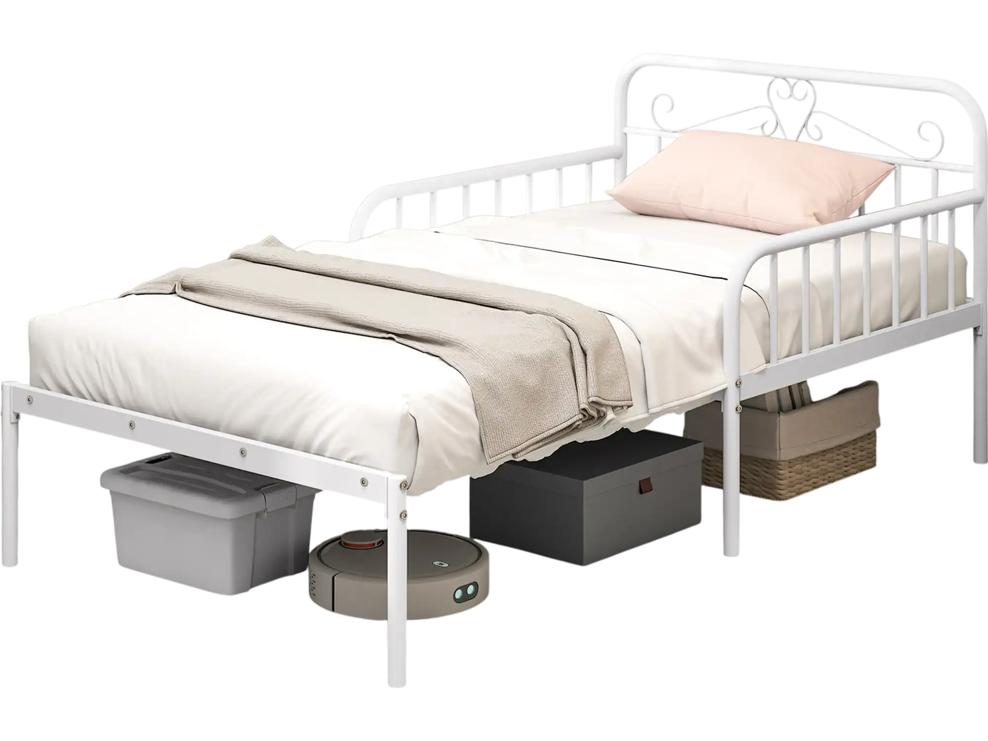 Costway Extendable Metal Daybed Twin Bed Frame Guardrails Armrests White 589627413 New