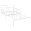 White metal daybed with guardrails and armrests, extendable to twin size, ideal for relaxation and extra sleeping space.