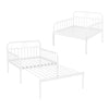 Extendable white metal daybed with guardrails and armrests, suitable for twin size sleeping and stylish home decor.