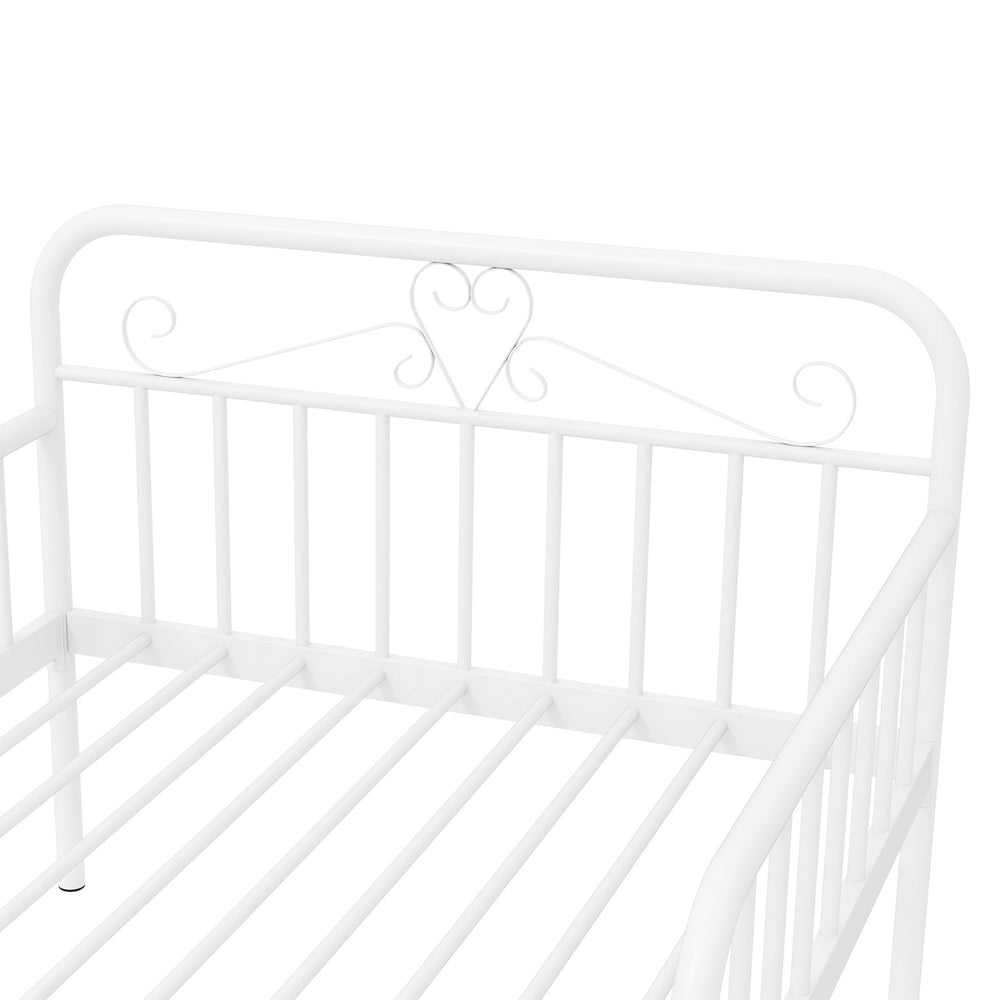 White metal daybed headboard with elegant guardrails, designed for twin size use and featuring armrests for comfort.