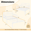 Dimensions of the extendable white metal daybed with guardrails, suitable for twin size mattress and extra sleeping.