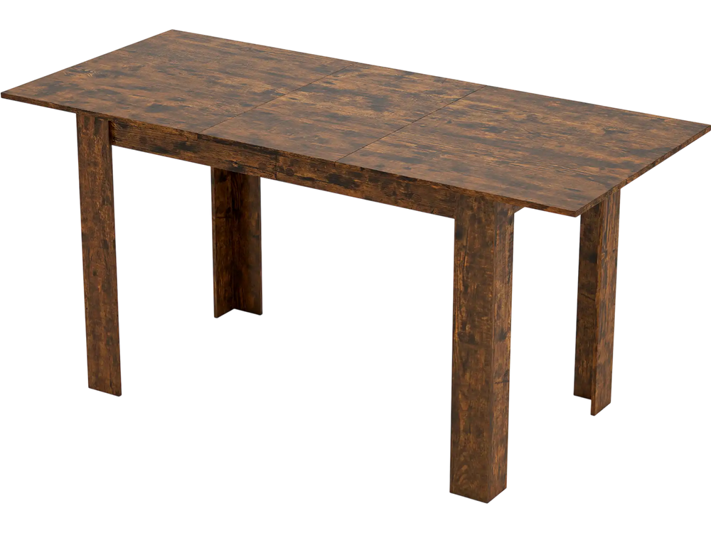 Extendable dining table in rustic brown, 47"-62" for 4-8 people, featuring sturdy L-shaped legs and waterproof surface.