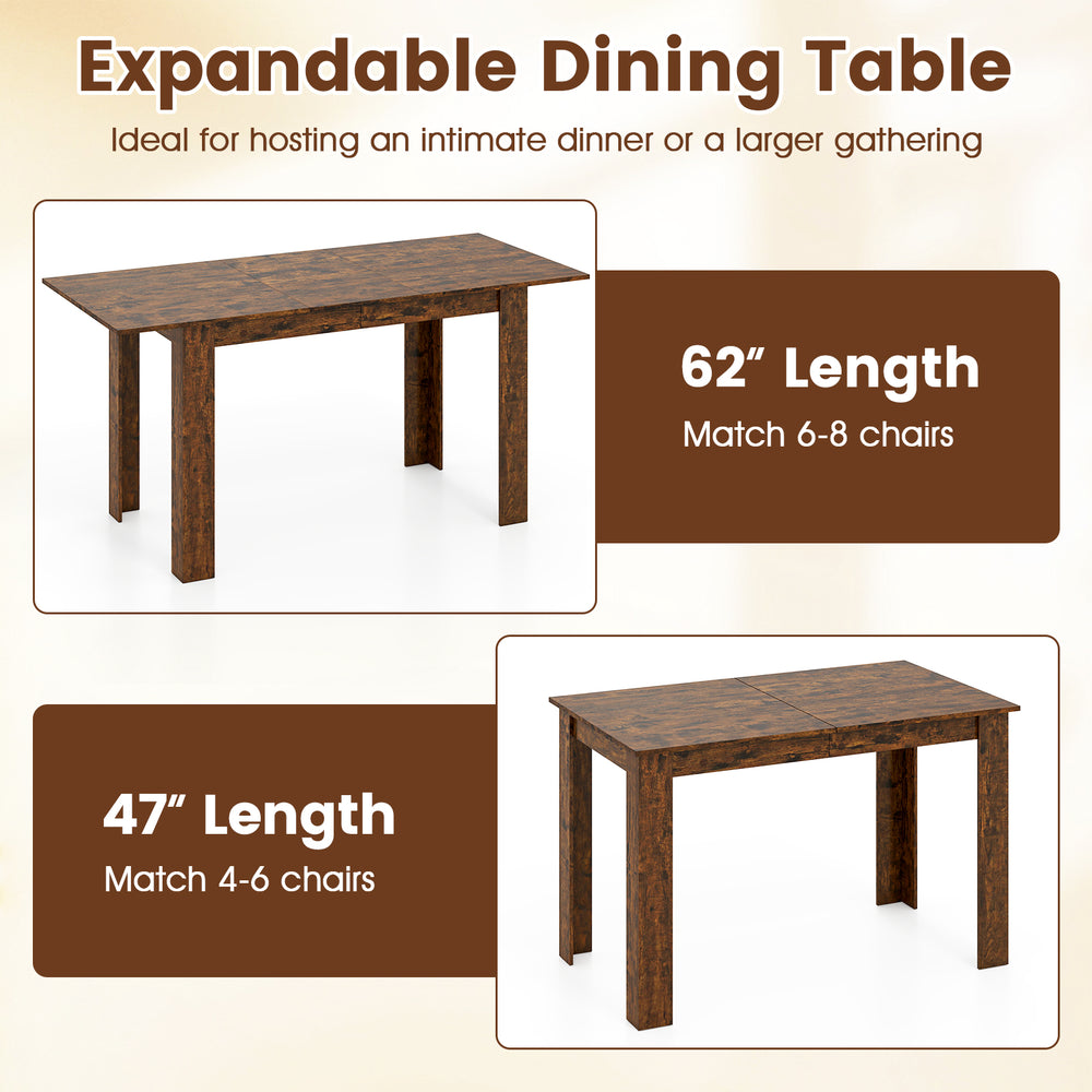 Extendable dining table in rustic brown, 47"-62" for 4-8 people, perfect for everyday meals and gatherings.