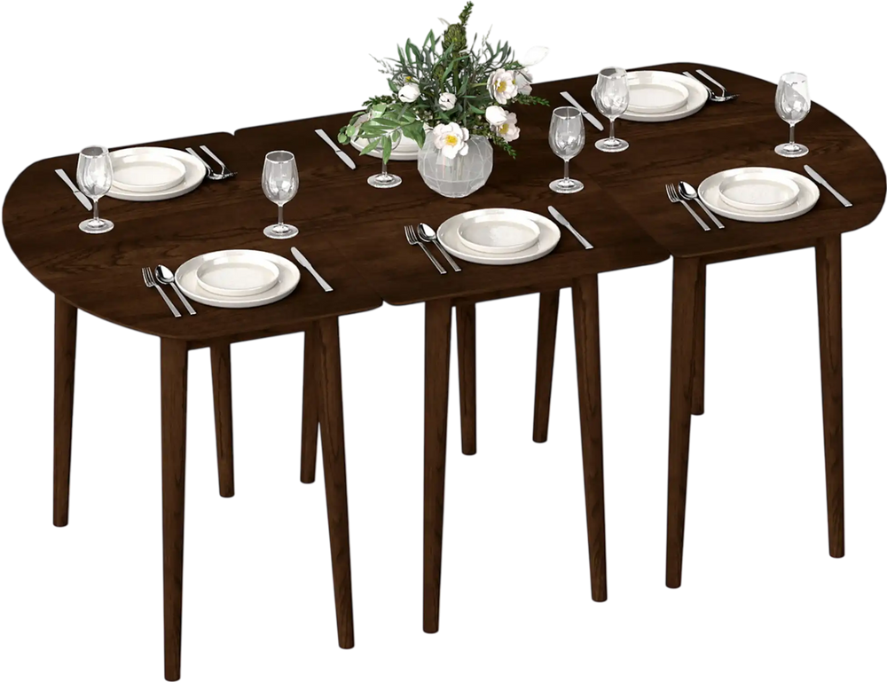 Extendable dining table set featuring 2 half-round and 1 rectangular table in walnut, perfect for hosting 6-8 guests.