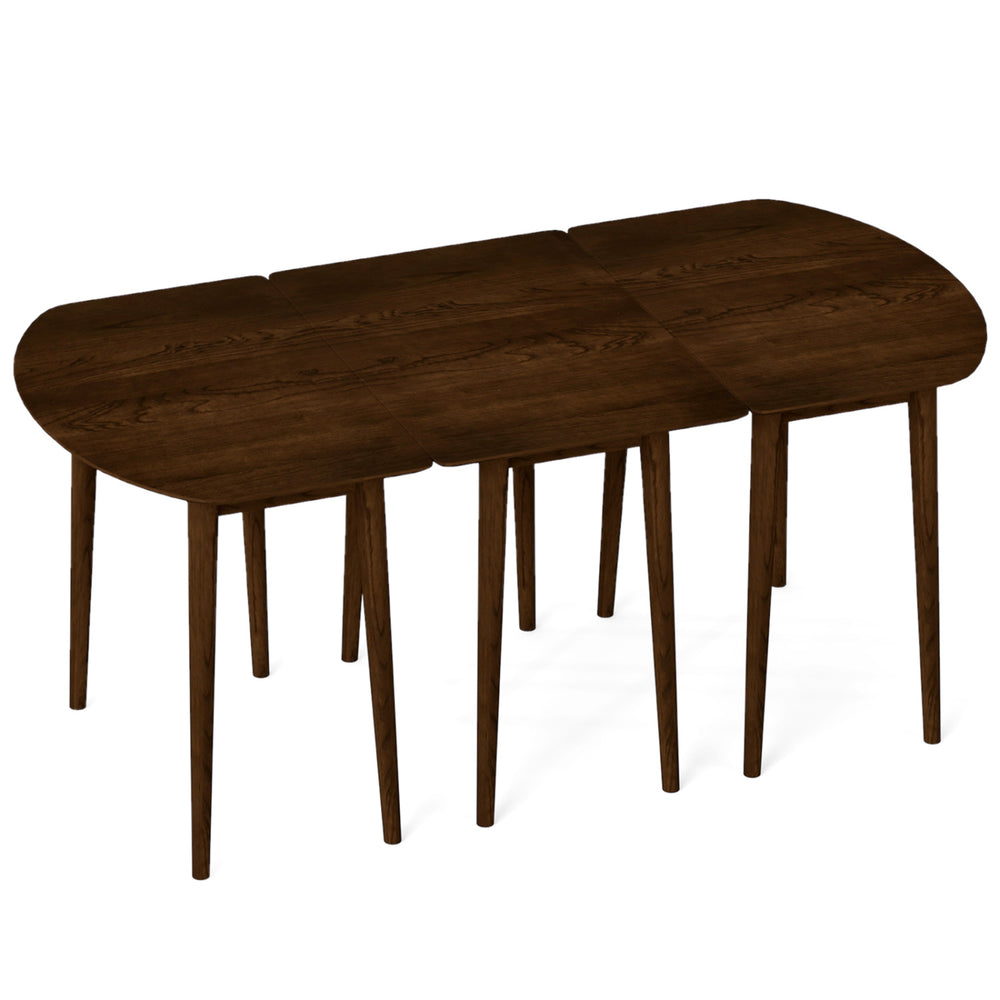Extendable dining table set featuring 2 half-round and 1 rectangular table in walnut, perfect for flexible hosting.