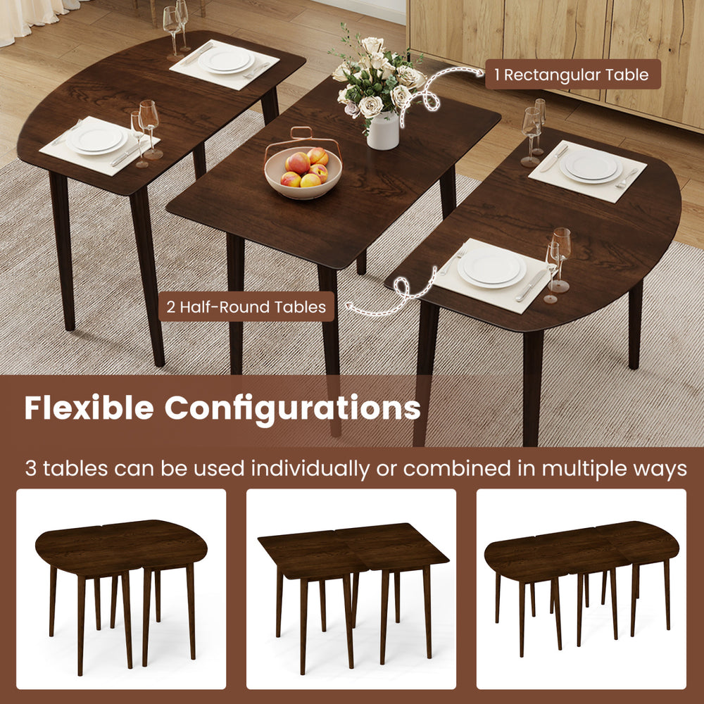 Extendable dining table set featuring 2 half-round and 1 rectangular table in walnut, ideal for flexible configurations.