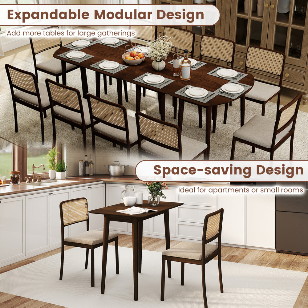 Extendable dining table set featuring 2 half-round and 1 rectangular table in walnut, ideal for small spaces and.
