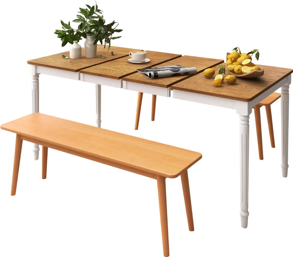 Extendable dining table with rubber wood legs, accommodating 4-8 people, featuring oak veneer and elegant design for.