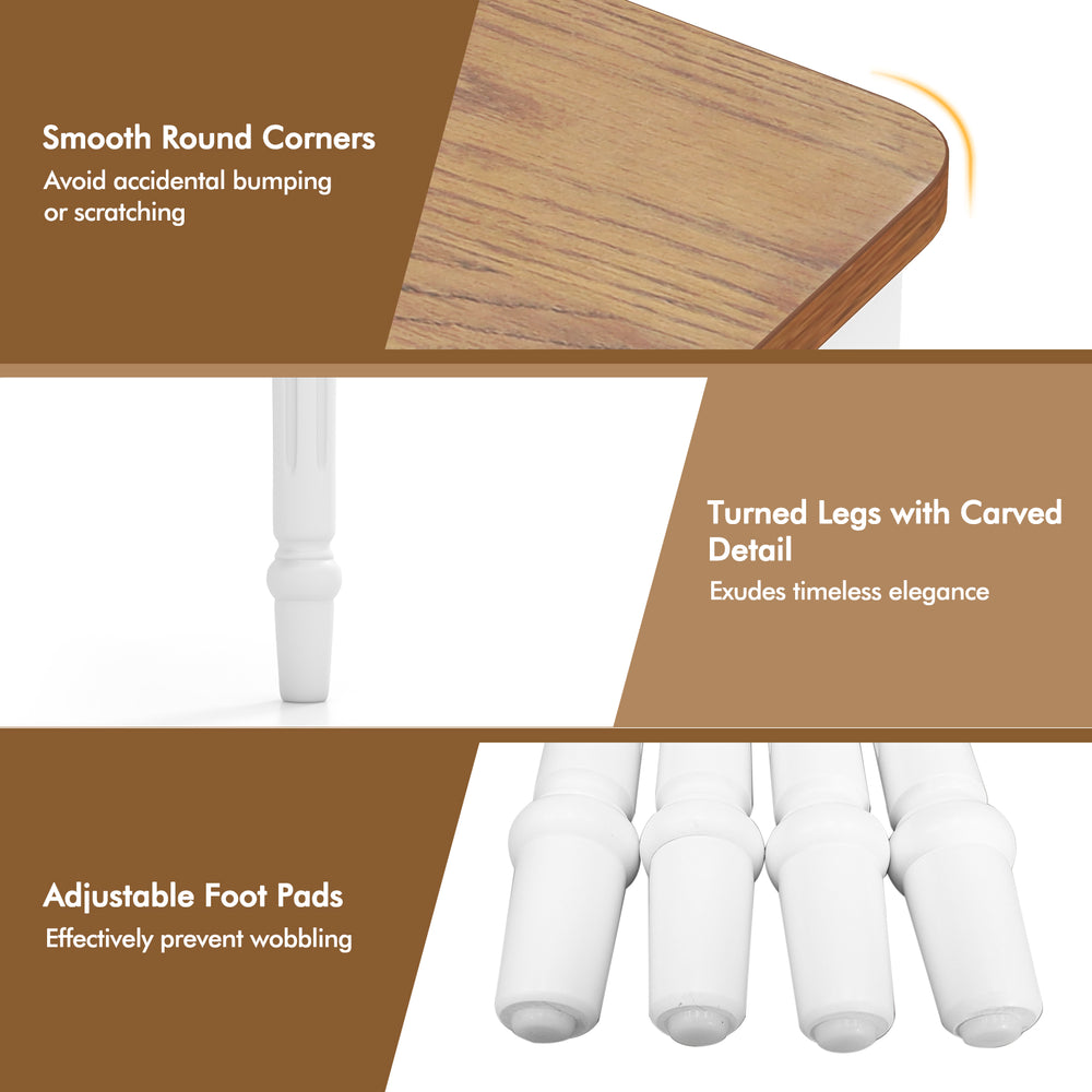 Extendable dining table with smooth round corners, rubber wood legs, and elegant turned legs for versatile dining.