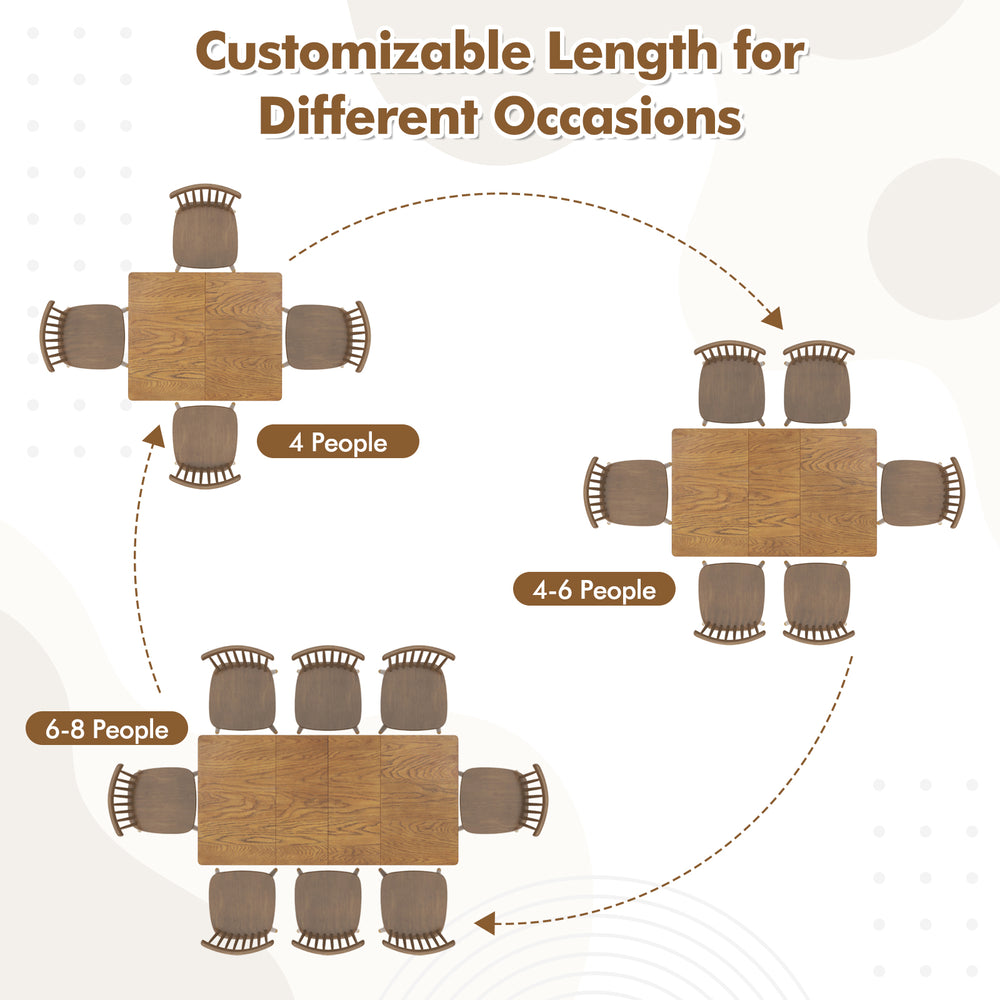 Extendable dining table with rubber wood legs, adjustable for 4-8 people, featuring oak veneer and elegant turned legs.