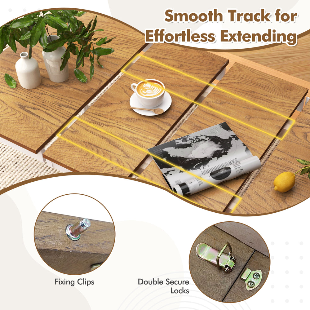 Extendable dining table showcasing smooth tracks, rubber wood legs, and fixing clips for stability, ideal for 4-8.