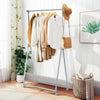 Extendable foldable heavy-duty clothing rack with adjustable height, stable triangular base, and wheels for easy.