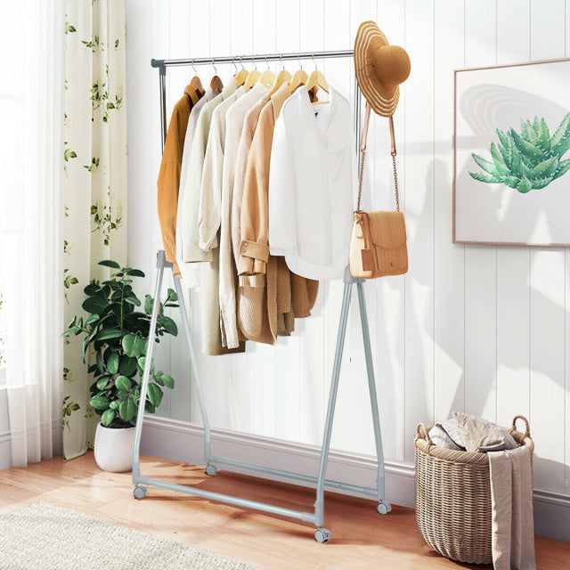 Extendable foldable heavy-duty clothing rack with adjustable height, stable triangular base, and wheels for easy.