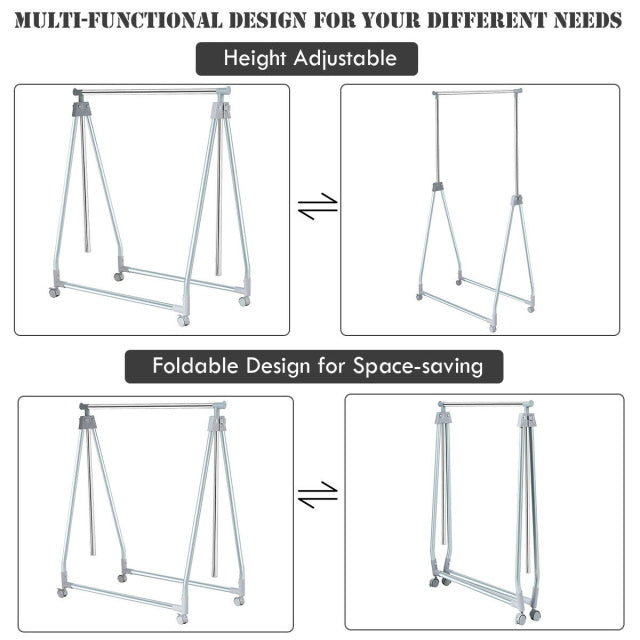 Height adjustable and foldable heavy-duty clothing coat rack stand with wheels for easy mobility and space-saving.