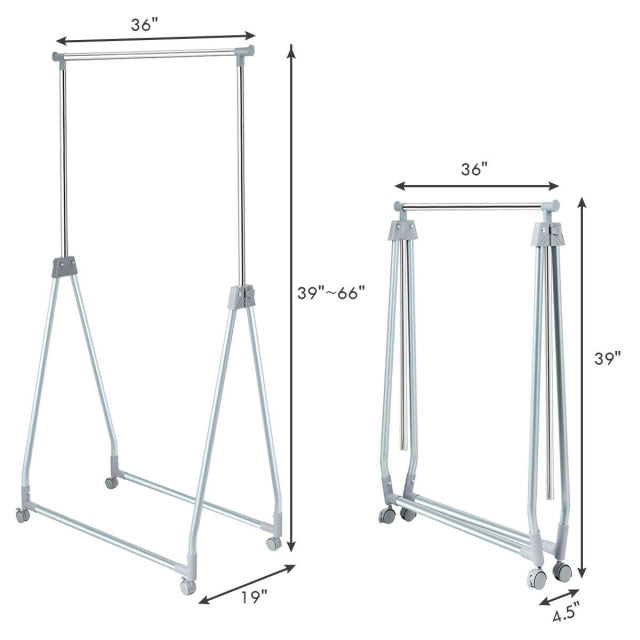 Adjustable foldable clothing coat rack stand with a compact design, stable triangular base, and four universal wheels.