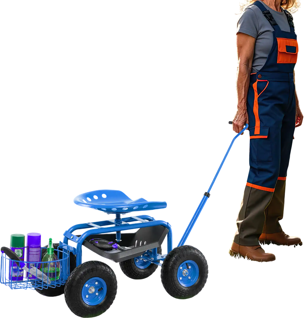 Blue extendable handle garden cart with ergonomic seat, tool tray, and storage basket, ideal for outdoor tasks.