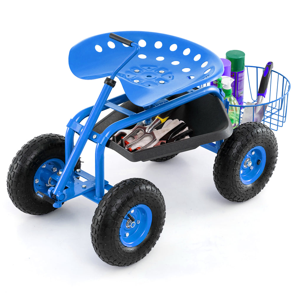 Blue extendable handle garden cart with ergonomic seat, tool tray, and storage basket, ideal for outdoor use.
