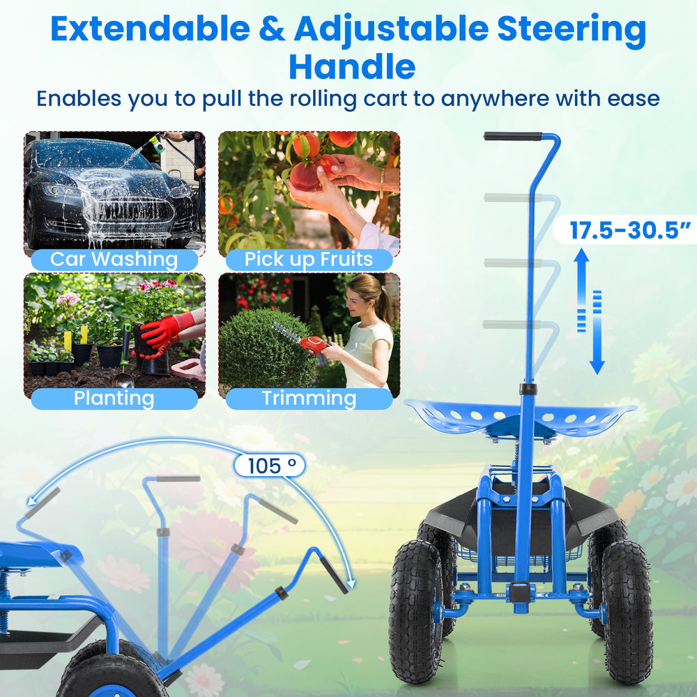 Extendable handle garden cart with adjustable height, sturdy frame, and large wheels for easy maneuverability in the.