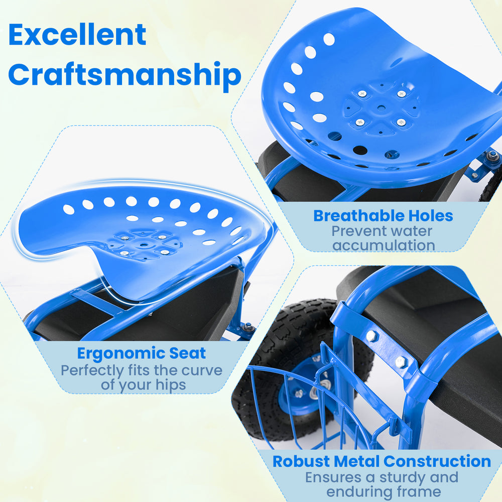 Ergonomic blue seat with breathable holes on the extendable handle garden cart, designed for comfort and durability.