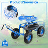 Blue extendable handle garden cart with adjustable seat, large wheels, and tool tray, designed for easy transport and.