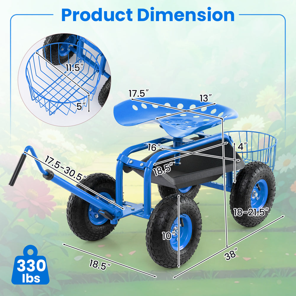 Blue extendable handle garden cart with adjustable seat, large wheels, and tool tray, designed for easy transport and.