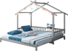 Whimsical gray house bed with roof and fence rails, designed for twin to king size, perfect for kids' rooms.