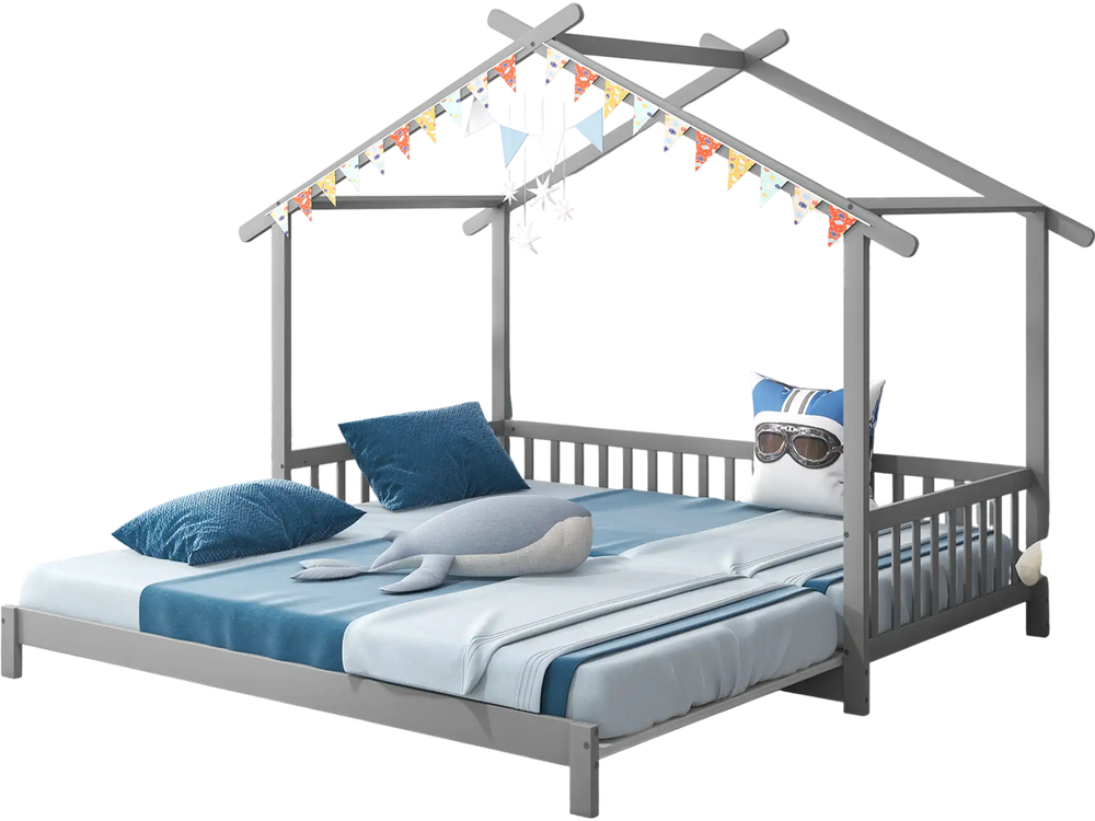 Whimsical gray house bed with roof and fence rails, designed for twin to king size, perfect for kids' rooms.