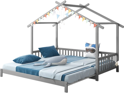 Costway Extendable Twin to King House Daybed Roof Fence Rails Gray Bed Frame 86152437 New