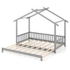 Gray extendable house bed with roof and fence rails, designed for twin to king size use, ideal for kids' rooms.