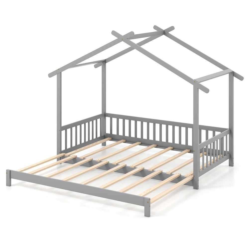 Gray extendable house bed with roof and fence rails, designed for twin to king size use, ideal for kids' rooms.