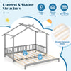 Extendable house bed in gray with roof and fence rails, designed for twin to king size, featuring sturdy plywood slats.
